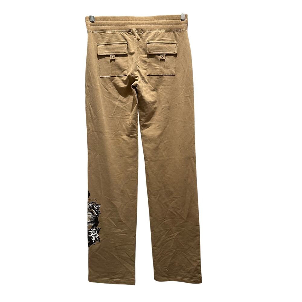BCBG Y2K Tattoo graphic low rise women's tan wide leg sweatpants size M NWT - Picture 2 of 10
